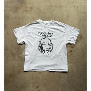 Kurt Don Cobain Signature Face Drawing White Tee Size Medium Nirvana Grunge